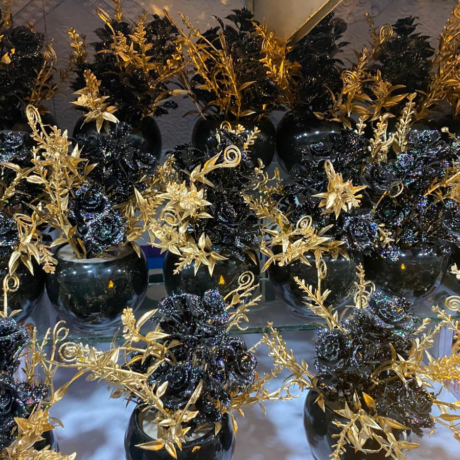 Luxury Black & Gold Artificial Flower Arrangement – Premium Decorative Vase