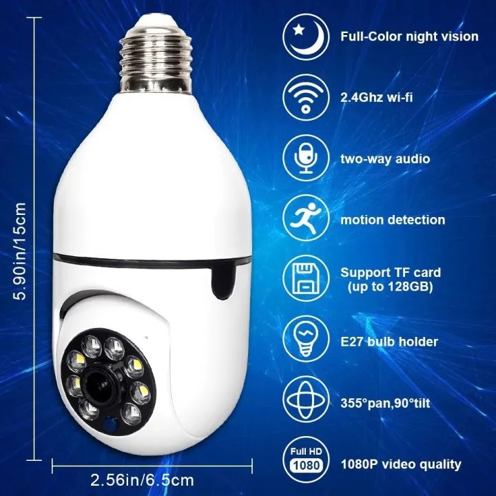 1080P Full HD Smart WiFi CCTV Camera – Bulb Style Wireless Security Camera with Motion Detection, Night Vision & Two-Way Audio | V380 App