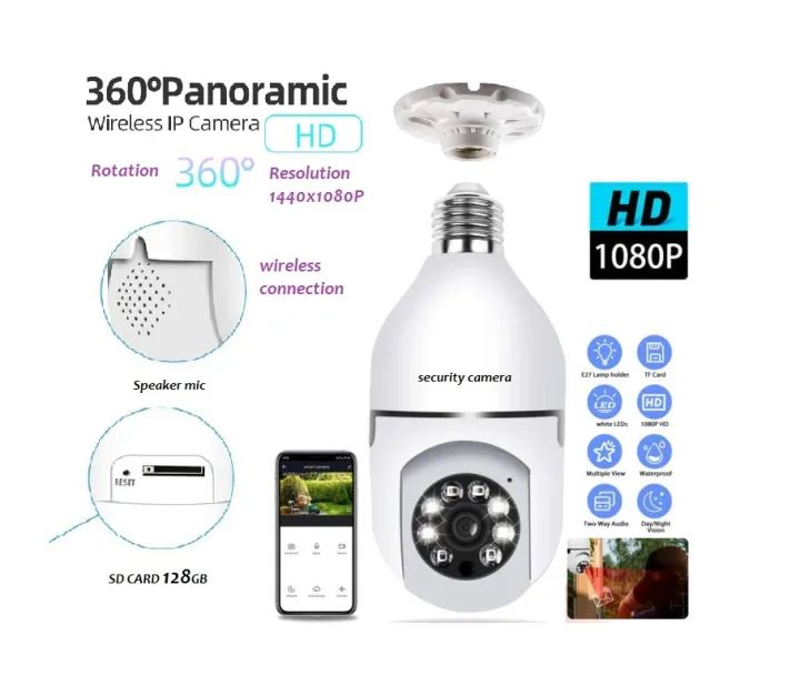 1080P Full HD Smart WiFi CCTV Camera – Bulb Style Wireless Security Camera with Motion Detection, Night Vision & Two-Way Audio | V380 App