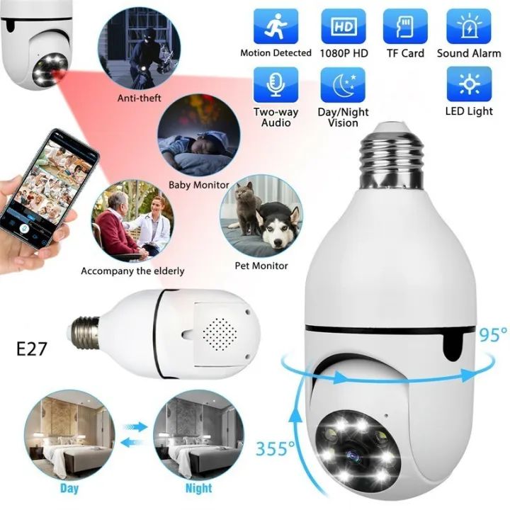 1080P Full HD Smart WiFi CCTV Camera – Bulb Style Wireless Security Camera with Motion Detection, Night Vision & Two-Way Audio | V380 App