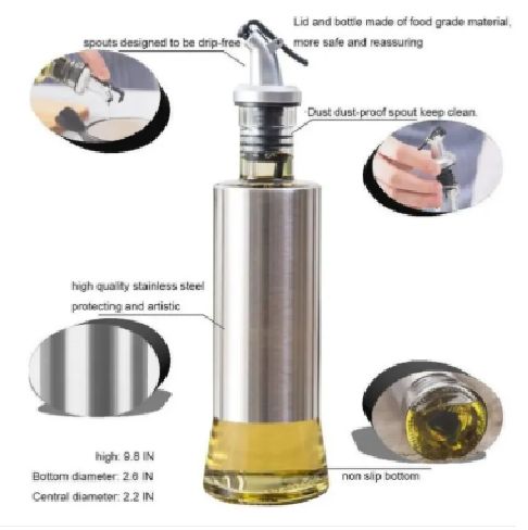 Glass Oil Bottle with Stainless Steel Nozzle Head – 300ml Leak-Proof Olive Oil Dispenser | Anti-Fall Design & No-Drip Spout